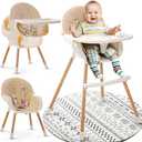 3-in-1 High Chair for Babies and Toddlers - Convertible Wooden Baby Highchair for Eating with Safety Belt, Foldable Baby Feeding Chair with 3-Position Removable Tray, Adjustable Legs (Beige)