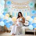 Blue Baby Shower Decorations for Boy with Welcome Baby Banner, Blue Champagne Balloons, Tassel Garlands, Swirls, and Paper Pom Poms for Boho Baby Shower or Gender Reveal Party Supplies