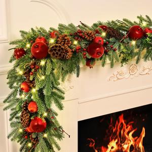 Christmas Garland - 2 Pack 5.9ft Christmas Garland for Mantle, Norfolk Pine Garland Cedar Garland with Christmas Fruits Lotus Pod for Home Party Fireplace Indoor Outdoor Decor