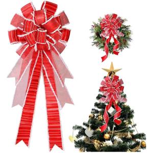 Wreath Bow Large Red Tree TopperBurlap with White Polyester Edge Gift Bow for Wedding Party Holiday Home Indoor Outdoor Decoration