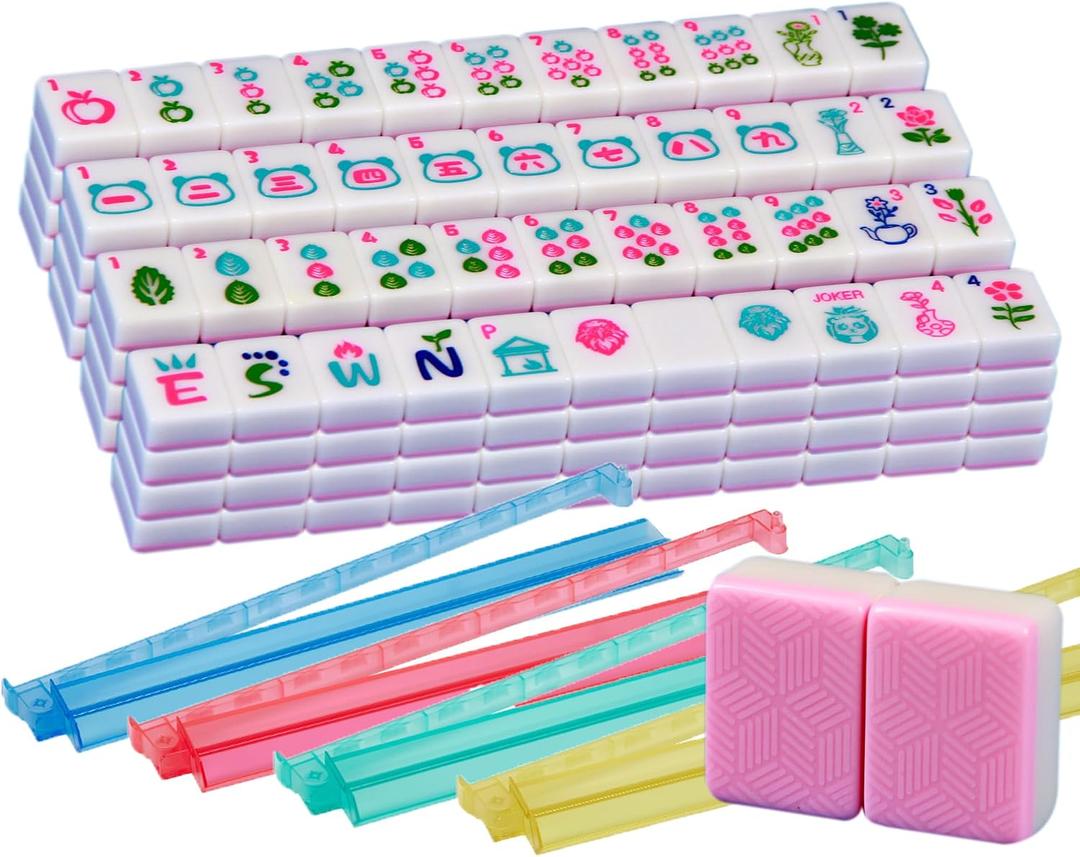 American Mahjong Set Pink 166 Mahjong Tile Set 1.2-inch American Mahjong Tile Set Equipped with 4PCS Mahjong Racks with Pushers