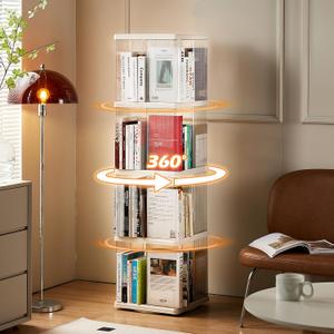4 Tier Rotating Bookshelf, Small Corner Bookshelf for Small Space, 360 Display Floor Standing Bookcase, Plastic Narrow Book Organizer Shelf for Bedroom, Living Room, Rectangular, Lazy Susan (White)