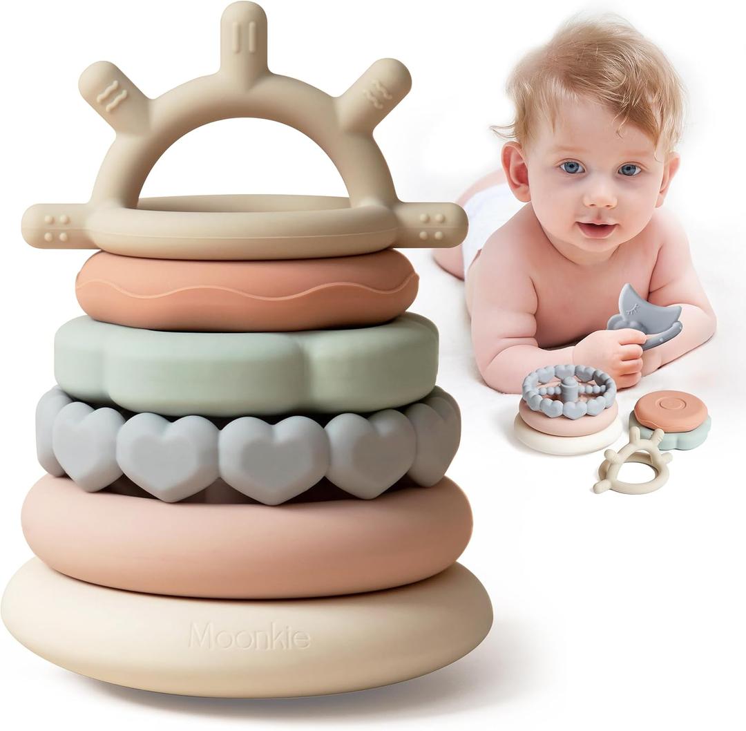Moonkie Stacks of Circles Soft Teething Toy | Educational Learning Baby Toy | Stacking Ring Toys for Babies Boy and Girl | 7 Piece Teethers Set (multicolored)