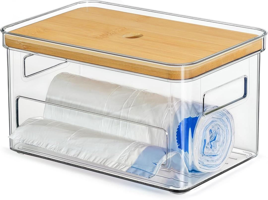 Acrylic Trash Bag Organizer Holder Garbage Bag Dispenser Multi Purposes Clear Organizers and Storage with Bamboo Lid, Tissue Paper Organizer Plastic Toilet Paper Storage