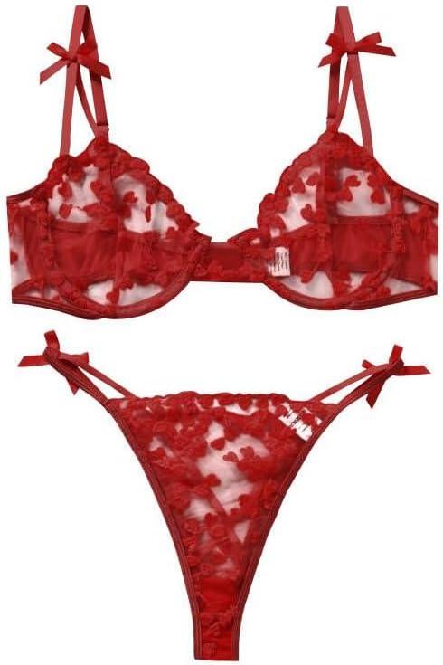 Sexy Underwire Cute Push Up Strappy Embroidered Mesh Sheer Lingerie Set See Through Panty Bra (Medium)
