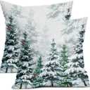 Christmas Forest Pillow Covers 18X18 Inch Watercolor Blue Green Xmas Tree Snow Red Birds Decorative Pillow Cases Set of 2 Winter Holiday Throw Pillows Farmhouse Home Decor For Sofa Couch Cushion