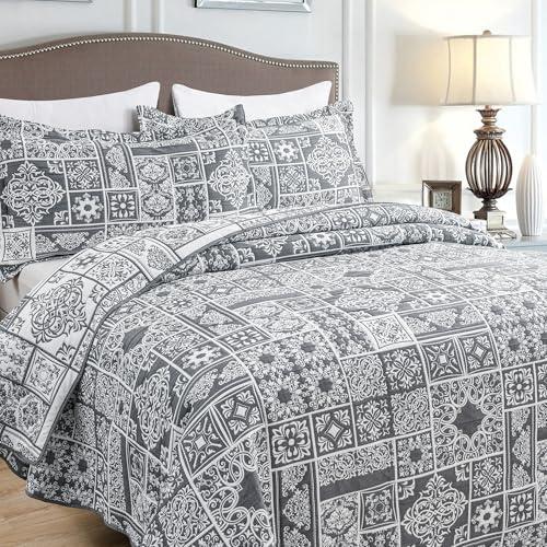 Asuexpect 3 Piece Grey Patchwork Bedspread Sets King Size, Boho Reversible Jacquard Bedding Set for All Season, Soft Lightweight Comforter Bedspread Coverlet Set (106''x96'') with 2 Shams