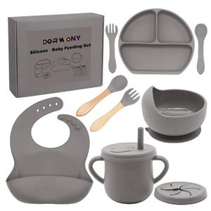 100% Silicone baby feeding set,BPA free Baby dishes set with Suction Bowl Divided Plate,Toddler Self Feeding Dish Set with Spoons Forks Sippy Cup And Bib, Baby Eating Utensils (Light Brown)