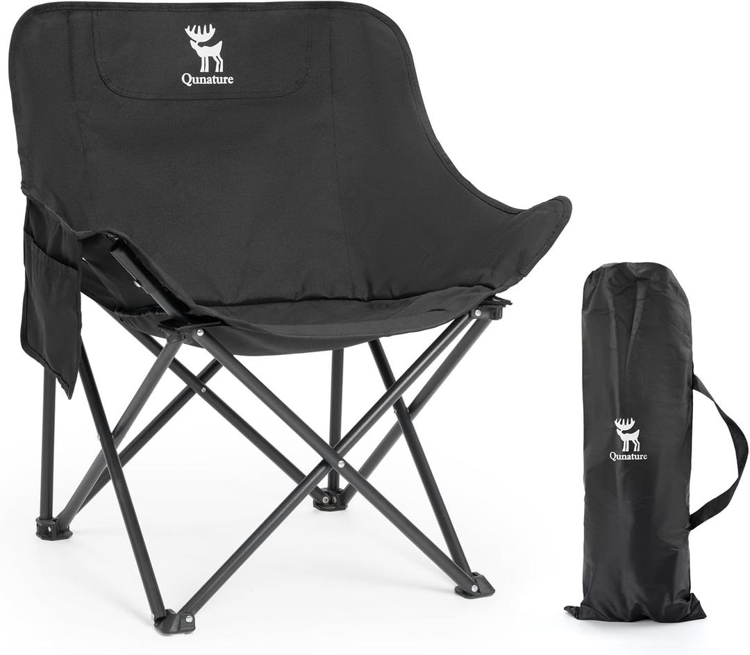 Portable Camping Chair, 60cm Wide Seat Folding Chair with Lumbar Support, 265LBS Capacity Heavy Duty with Storage Bag for Outdoor Hiking Beach Picnic, Black, 23.62 inches