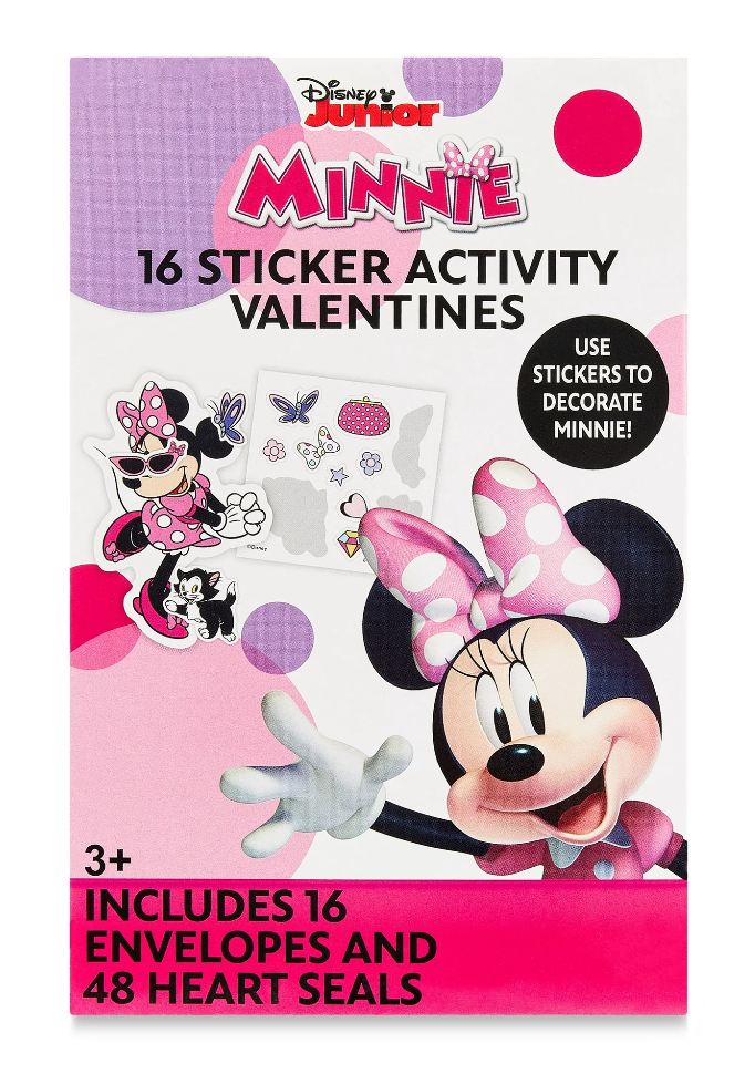 Minnie Mouse Valentine Greeting Card Set with Sticker Activity, Exchange, Pink, Paper, 16 Count, Pack of 3.