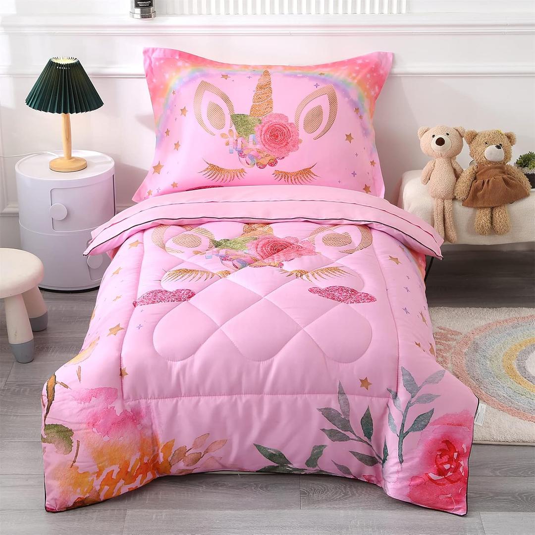 Wowelife Unicorn Toddler Bedding Set for Girls, Pink Rainbow Floral Toddler Comforter Set Stars Kids Bed in A Bag with Comforter, Flat Sheet, Fitted Sheet and Pillowcase, Pink