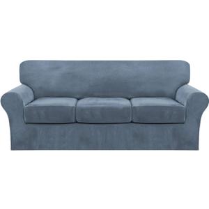 FantasDecor 4 Piece Sofa Velvet Couch Covers for 3 Cushion Stretch Slipcover with Individual Seat Cushion Elastic Furniture Protector for Pets, Machine Washable (Sofa,Stone Blue)