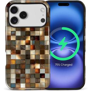 for iPhone 17 Pro Case,Compatible with MagSafe,Dual-Layer Hard Shell + Silicone Cover,Full Body Protection Shockproof Case for iPhone 17 Pro-Brown Toned Glass Mosaic Tiles