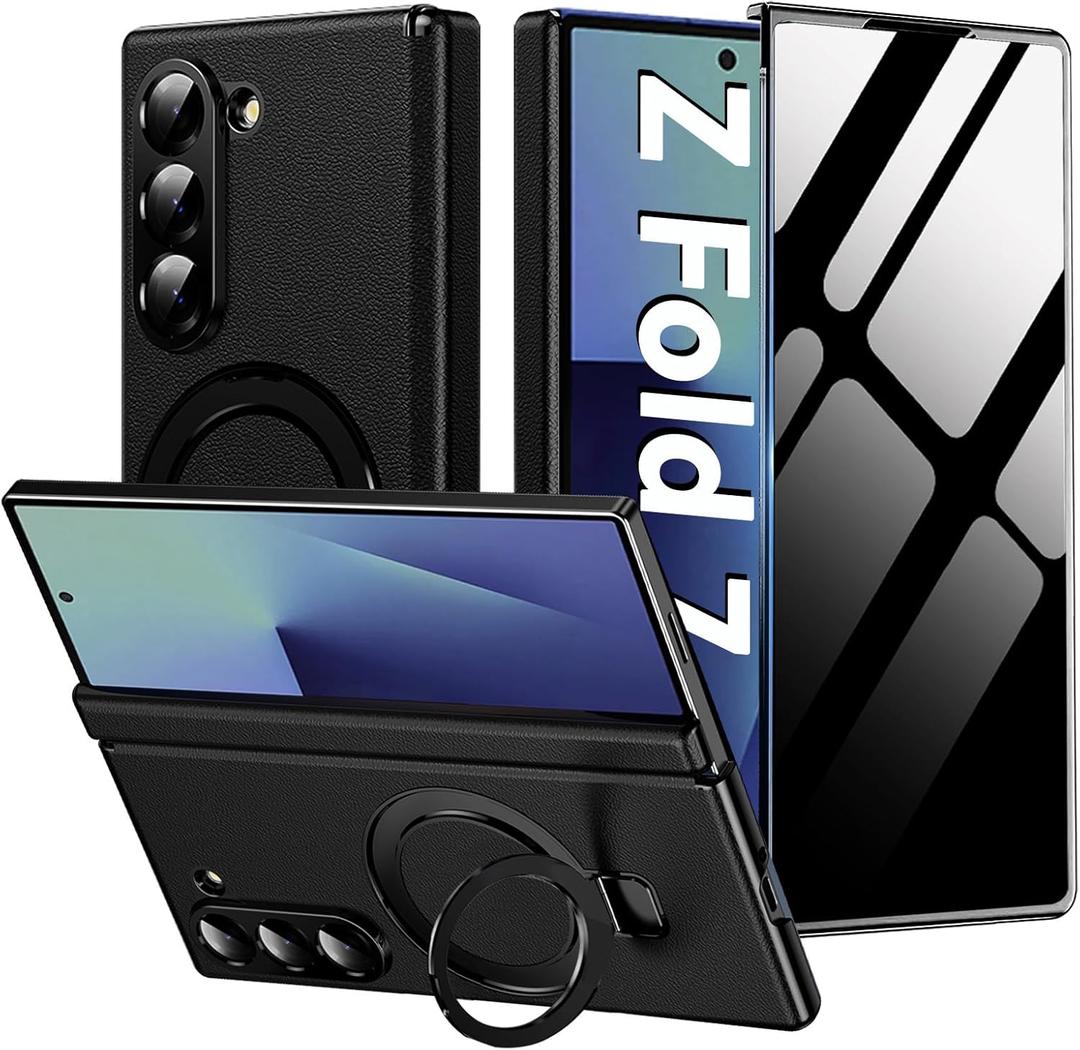 Case for Samsung Galaxy Z Fold 7,Luxury Premium Leather Phone Case with Privacy Screen Hinge Protection Magnetic Kickstand, Slim Shockproof Protective Cover for Galaxy Z Fold 7 2025, Black
