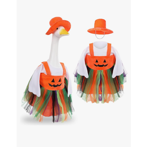 ELOOGOOKIN Porch Goose Halloween Outfits Pumpkin Dress for 23" Cement Plastic Desk Goose Clothes Funny Fall Geese Decor for Outdoor Patio Lawn Yard Decor