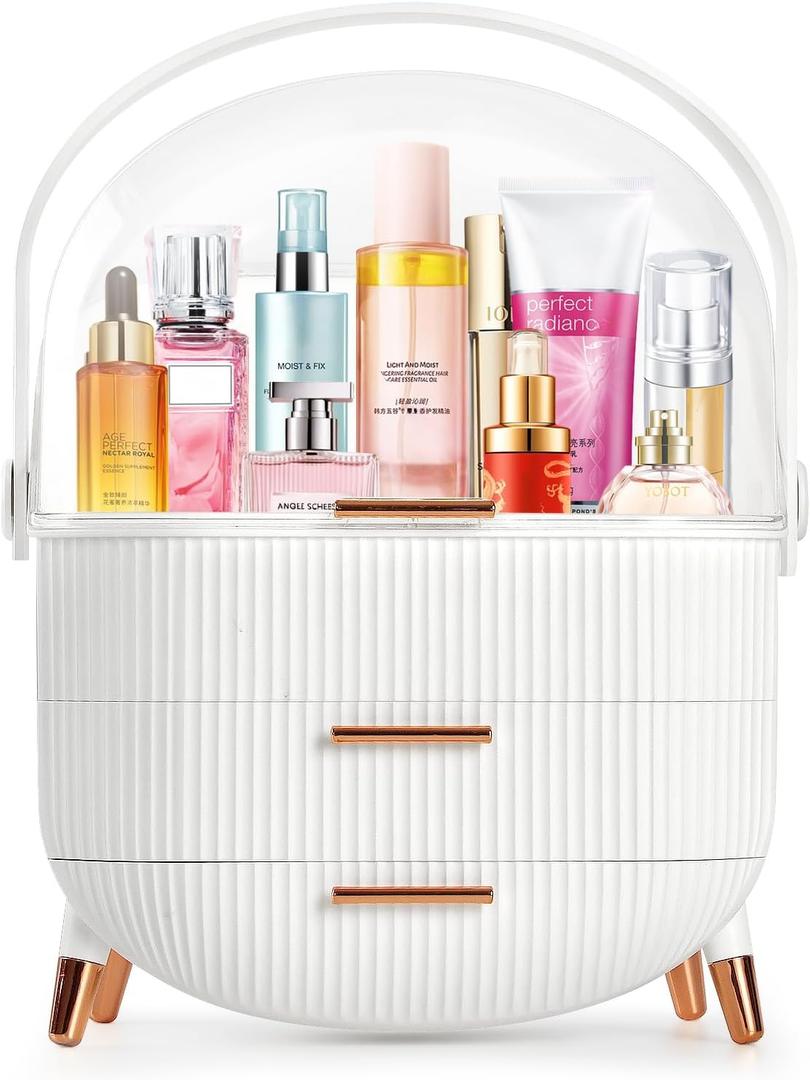 MASSY Egg Shape(Oval) Makeup Storage Box, Countertop Portable Vanity Cosmetics Organizer Preppy (FBA-White)