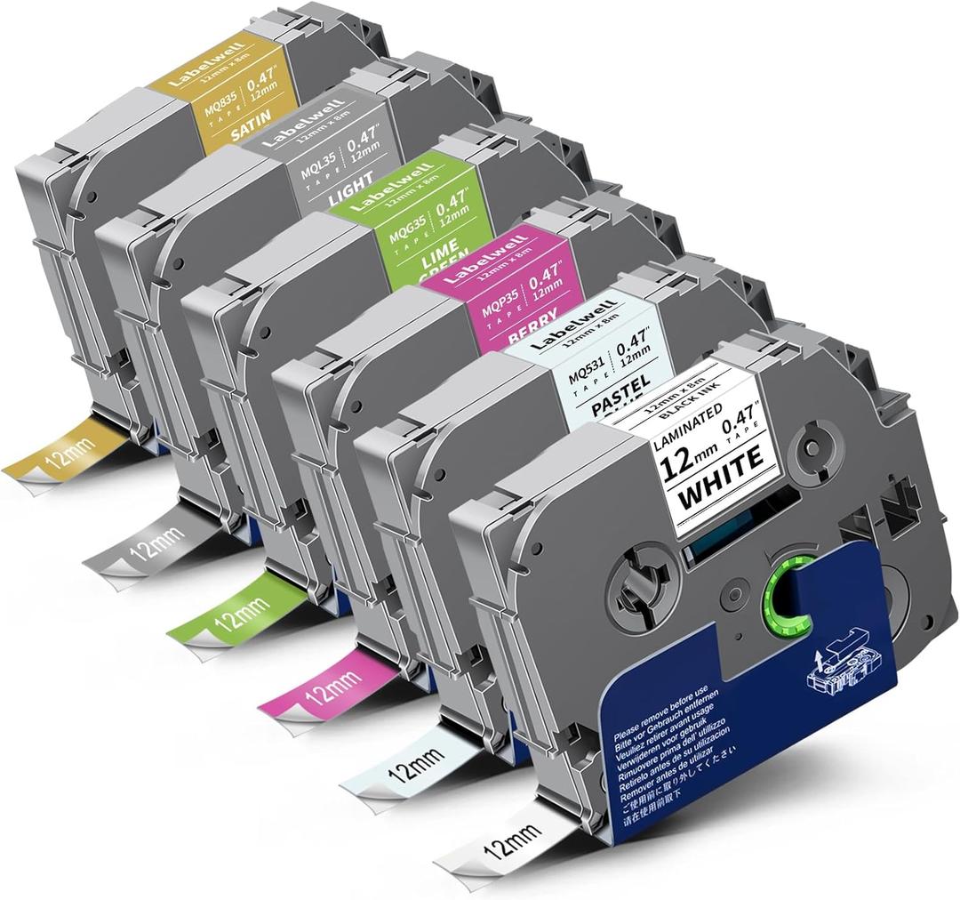 Labelwell 6-Pack 12mm 0.47 Laminated Multi Color Compatible for TZe-231 TZe231 MQ531 MQP35 MQG35 MQL35 MQ835 TZ Tape for P Touch PT-H110 D210 D220 D400, White/Blue/Blue/Green/Sliver/Gold