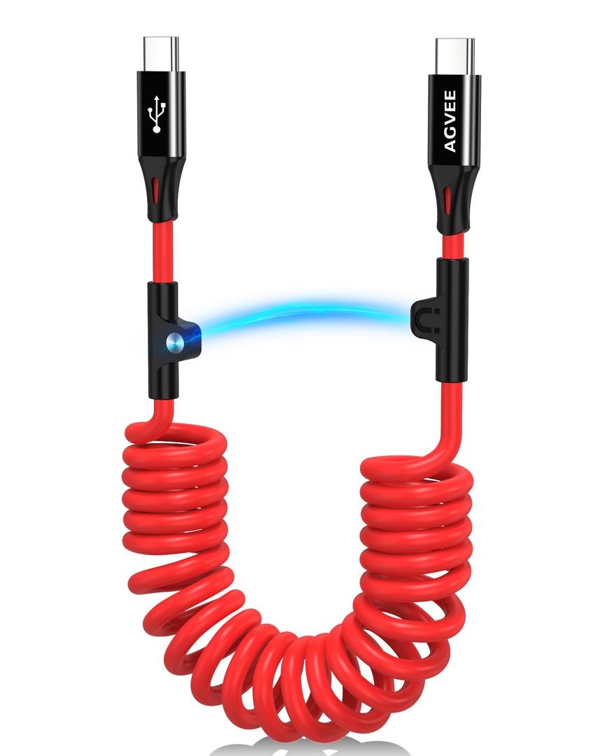 AGVEE 3ft Coiled Short USB-C to USB-C Charging Cable [USB-IF Certified] 60W PD Fast Charger Cord in Car for iPhone 17/16/15 CarPlay, Galaxy S25 S24 S23 S22 S21 S10 S9, Google Pixel, Red