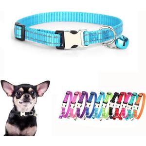 Extra Small Dog Collar with Bell, Reflective Nylon Metal Buckle Quick Release Puppy Collars for Little Pet Male Dogs Boy Cat Kitten Animal, Light Blue XS (XS for Neck 7.5-11")