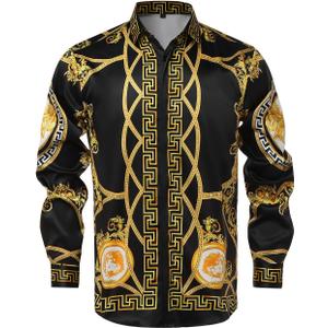 Mens Luxury Brand Print Silk Satin Design Button Down Dress Shirt (Black, M)