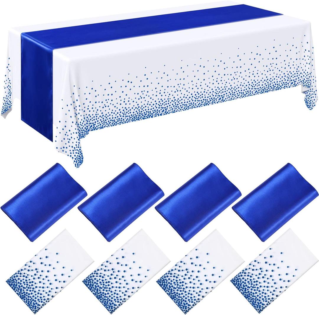Breling 8 Pack Royal Blue Disposable Plastic Tablecloths and Satin Table Runner Set, 54 x 108 Inch Tablecloth, 12 x 108 Inch Table Runners for Wedding Graduation Birthday Baby Shower New Year