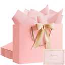 PASEOTA 12.6" Gift Bags Bulk, 10 Pcs Gift Bags with 20 Tissue Paper 10 Greeting Cards, Luxury Bag with Handles for Easter Mothers Day Presents Anniversary Wedding Birthday (Pink)