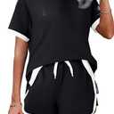 AKEWEI Shorts Sets Women 2 Piece Outfits Casual Short Sleeve Crewneck Tops and Drawstring Shorts Color Block Sets (Black, Large)