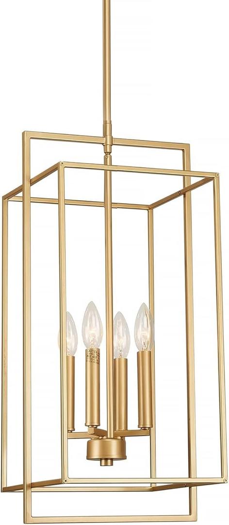 Muted Gold Chandelier Lighting Fixture with Geometric Metal Cage, 4-Light Industrial Pendant for Kitchen Island, Living Dining Room, Home Office (Gold, 24" H - 4 Lights)