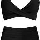 Women's High Waisted Bikini Sets Push Up Twist Front Spaghetti Straps Ruched Two Piece Swimsuit Bathing Suit (Black), Small