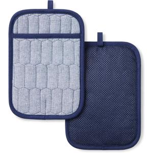 MARTHA STEWART Honeycomb Quilted Chambray Pot Holder 2-Pack Set, 100% Cotton, Flexible Non-Slip Silicone Grip, Heat Resistant, Navy Blue, 7"X10"