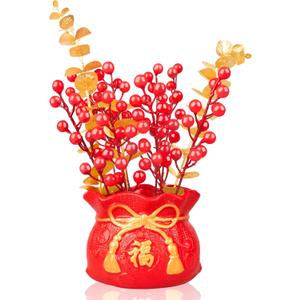 Chinese New Year Bonsai Tree Artificial Spring Festival Flower Pot Table Ornament Red Blessing Bucket Gold Berry Flower Arrangement Artificial Branches Fortune Lucky Tree for Indoor Home Decor