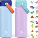 GoKEDA 18oz Kids Water Bottle, 2 Pack Insulated Bottles with Stickers, 18/8 Stainless Steel Vacuum Leak Proof Straw Cup for School, Gifts for Girls(Light Blue, Purple)