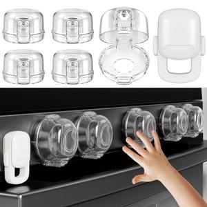 Stove Knob Safety Covers for Child (5 + 1 Pack), Upgraded Universal Size Press Gas Stove Covers with Adhesive, Heat-Resistant Childproof Oven Knob Locks for Kids and Pets (Clear)