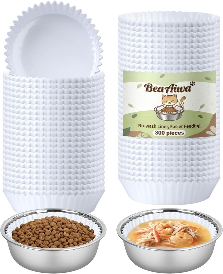 Bulk Disposable Cat Bowls Set (300 Pcs Cat Food Bowl liners + 2 Pcs Stainless Steel Pet Bowls) Disposable Pet Food Bowls for Puppy Kitten Small Dogs Cats Small Paper Bowls for Dry and Wet Food (White)