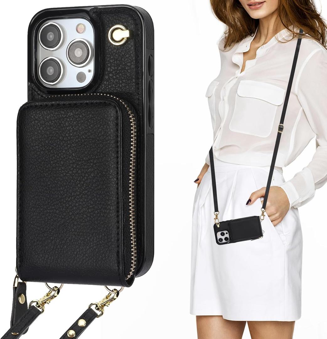 KIHUWEY Crossbody Wallet Case for iPhone 15 Pro, Zipper Pocket Case with Card Holder, PU Leather RFID Blocking Protective Cover Case with Kickstand Detachable Wrist Strap Lanyard 6.1" (Black)