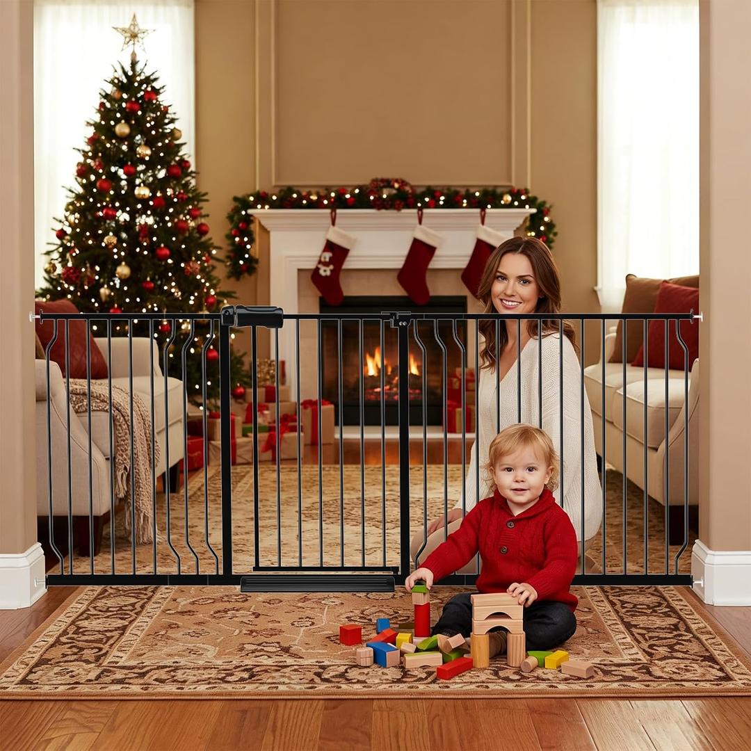 Extra Wide Baby Gates for Doorways 71.65"-85.82" Extra Wide Baby Gate Dog gate Pressure Mounted No Drilling with Walk-Through, Auto-Close & Dual-Direction Swing for Large Wide Opening Black