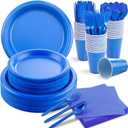 MirthMood 350 Pieces Blue Party Supplies, Disposable Dinnerware Set, Including Blue Plastic Plates and Napkins, Plastic Cutlery and 12OZ Cups