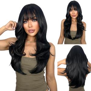SUKRI Black Layered Wig with Bangs for Women 26 Inch Long Wavy Synthetic Wigs Heat Resistant Hair for Daily Party Cosplay Use(Black)