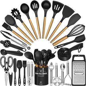 Kitchen Utensils Set- 34PCS Silicone Cooking Utensil with Holder, Umite Chef Heat Resistant Kitchen Spatula Set for Nonstick Cookware, Black Wooden Handles Kitchen Gadgets Tools Set