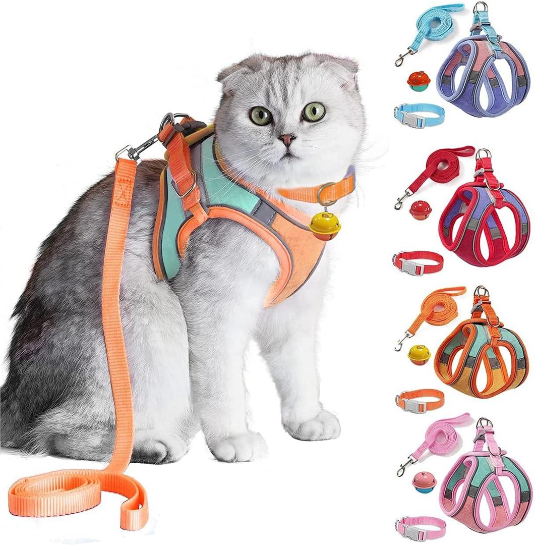 JSXD Cat Harness,Leash and Collar Set,Escape Proof Kitten Vest Harness for Walking,Easy Control Night Safe Pet Harness with Reflective Strap and Bell for Kitten,Fit for Puppy,Rabbit (Medium (Pack of 1), Orange/Blue)