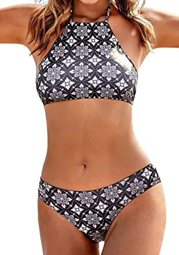 Ekouaer Womens High Neck Halter Bikini Set 2 Piece Bohemian Black Swimwear Tribal Bathing Suits, Small, Bohemian Black, Small