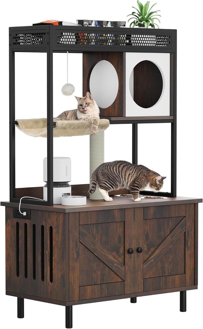 YITAHOME Cat Litter Box Enclosure with Shelves and Charging Station, Large Hidden Wooden Cabinet with Scratch Post, Feeding Station, and House Condo, Brown