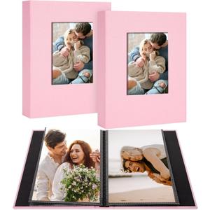 2 Pack Photo Album Holds 24 Pockets with Linen Cover and Customizable Window, Fits 4x6 Photos, Archival Black Pages, Pink