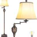 Traditional LED Floor Lamp with 350 Adjustable Swing Arm Lamp  Vintage Standing Pole lamp for Living Room, Bedroom and Office  Rustic Upright Floor Light for Home Dcor with Faux Silk Fabric Shade (Brown)