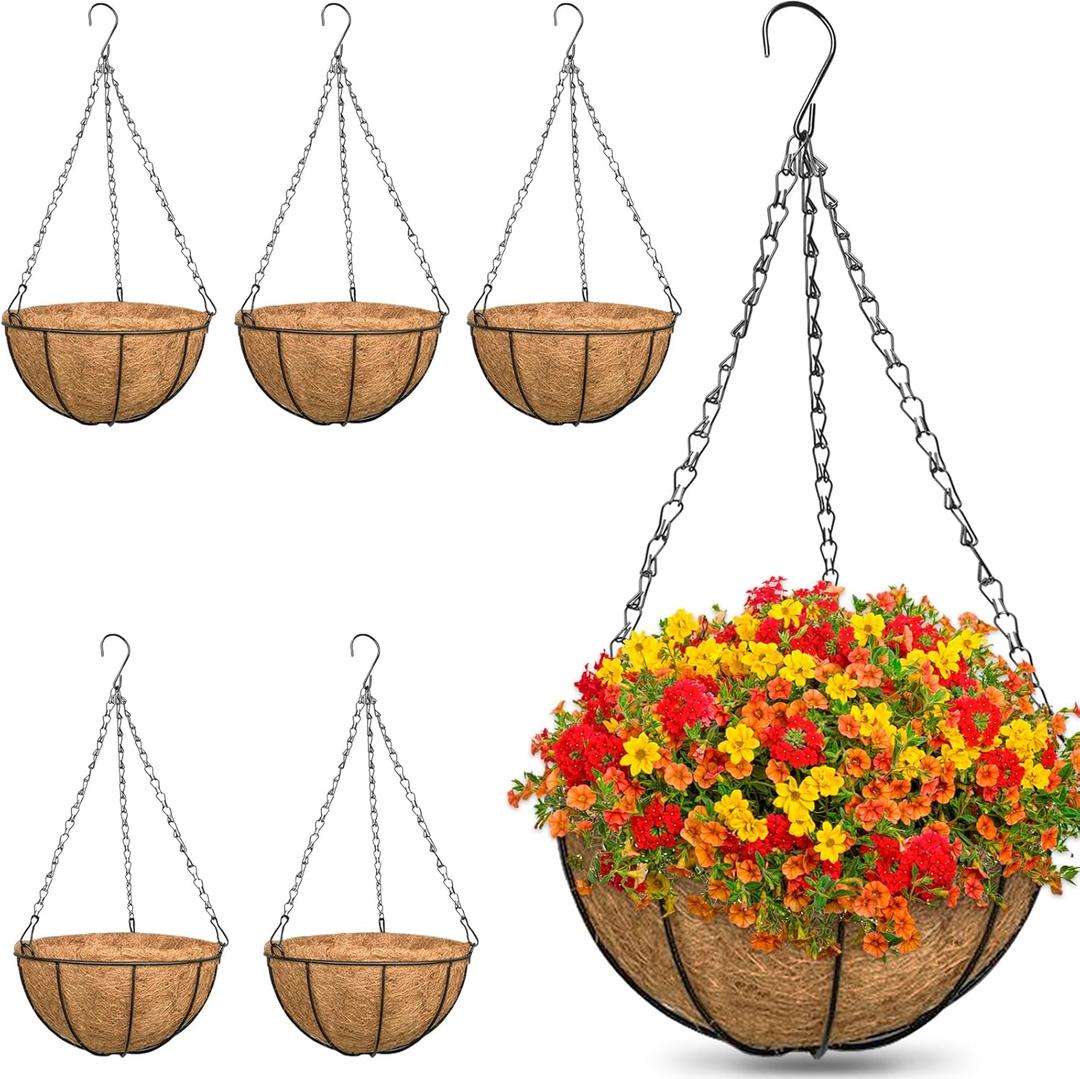 ZeeDix 6 Pack 12 Inch Metal Round Hanging Planter Basket with Coconut Liners Replacement, Hanging planters Baskets with Natural Coco Liner for Outdoor Indoor Planters Flowers Vegetables