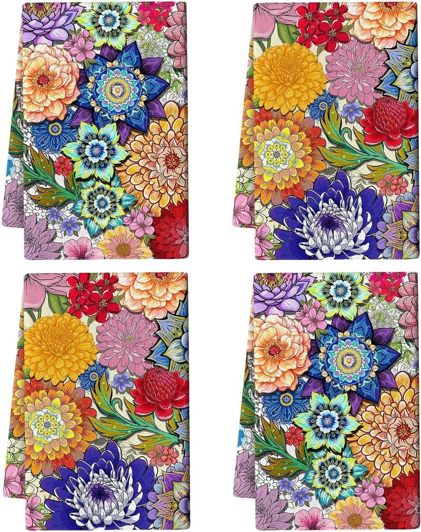 Boho Floral Kitchen Dish Towels Decorative Set of 4, Colorful Kitchen Stuff Hand & Tea Towels for Cleaning Drying, Baking Cooking Lover Gifts for Chef Cooks Women, Housewarming Gifts for Women