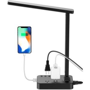 Drevet LED Desk Lamp for College Dorm Room, Desk Light with 1 USB Charging Port 2 AC Power Outlet, 3 Lighting Modes, 3 Level Brightness Touch Lamp, Eye-Caring Home Office Foldable Table Lamp