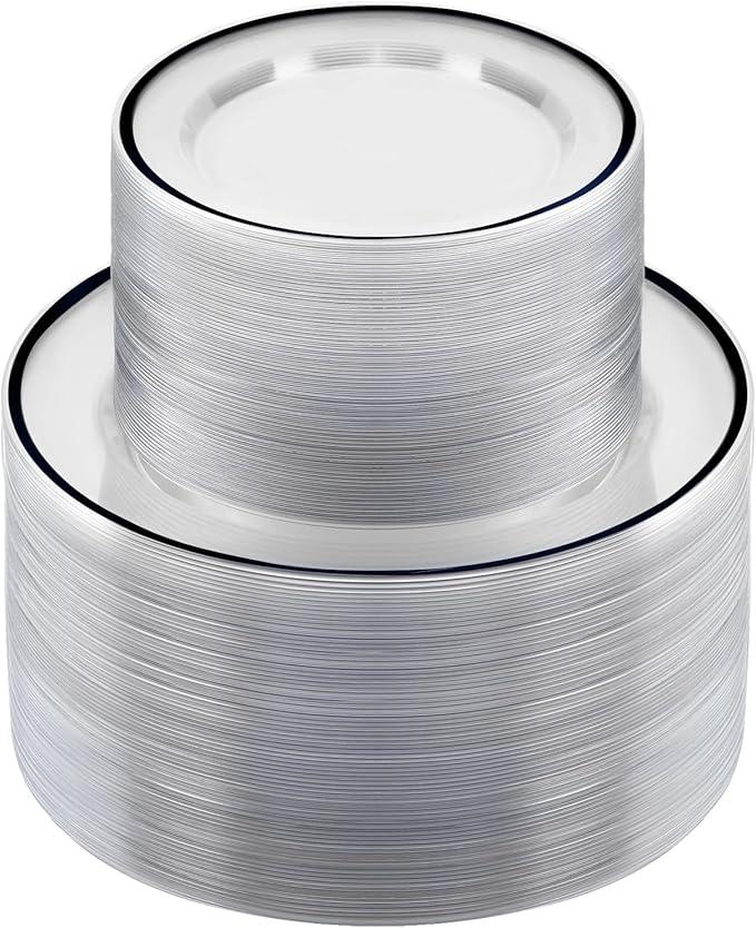 BESTSTAR 200PCS Black and Clear Plastic Plate, Black Disposable Plate Set with 100 Dinner Halloween Plates and 100 Dessert Plates for Party