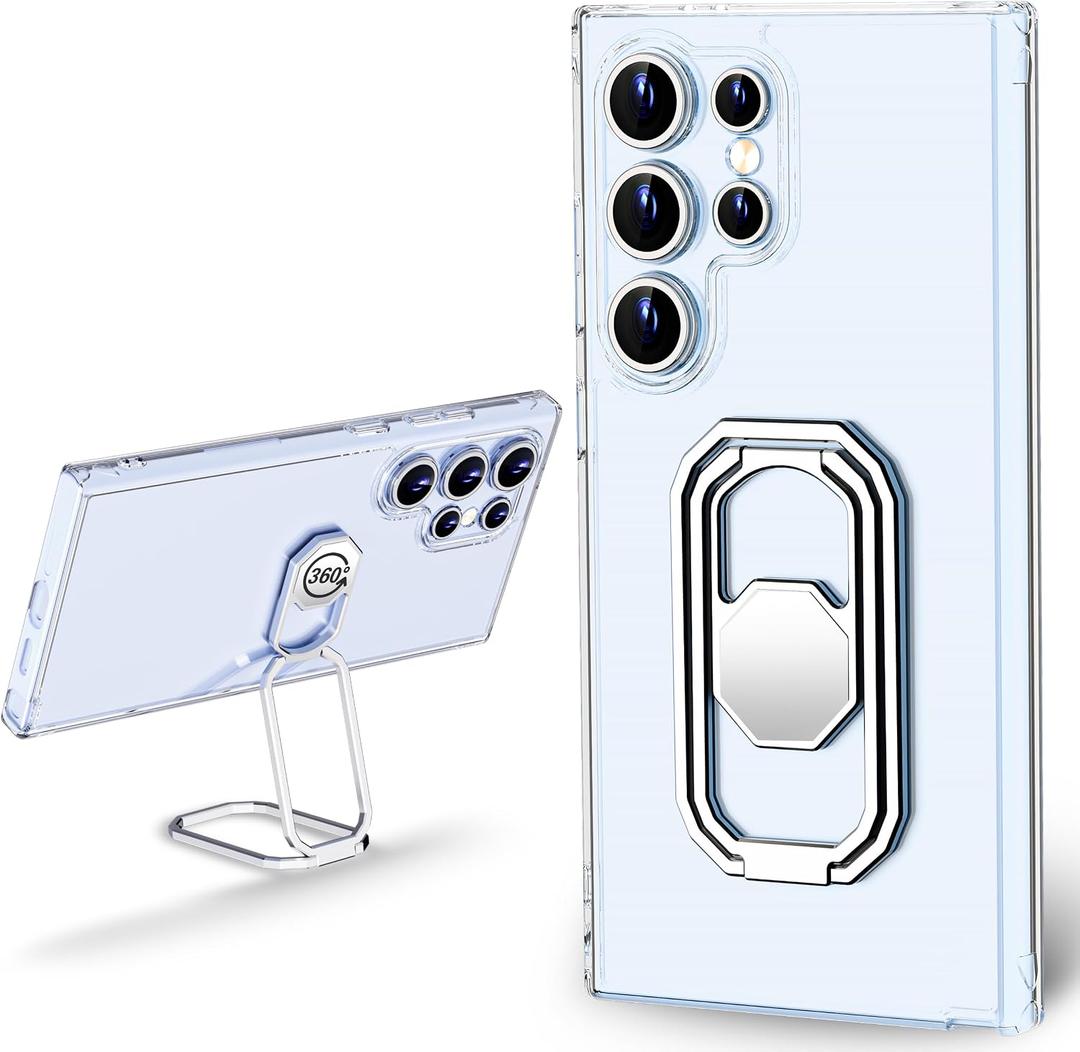 WINTONG for Galaxy S24 Ultra Case with Metal Stand, for Samsung S24 Ultra Case Clear with Double Ring Holder Finger Kickstand [Foldable & Adjustable] Shockproof Protective Cover - Transparent