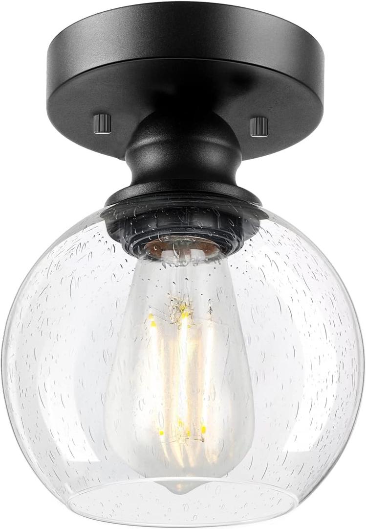 Industrial Semi Flush Mount Ceiling Light, Vintage Hanging Ceiling Lamp, Seeded Glass Pendant Lamp Shade, Farmhouse Light Fixture for Porch Hallway Corridor Kitchen Bathroom Bedroom, Bulb Not Included (D 5.91 IN)